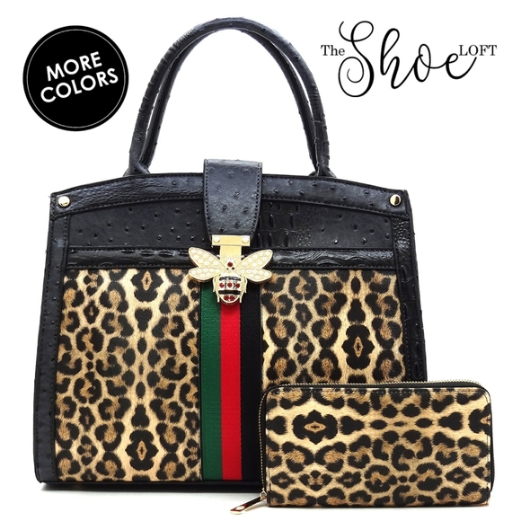 Queen Bee Stripe Leopard Satchel & Wallet Set